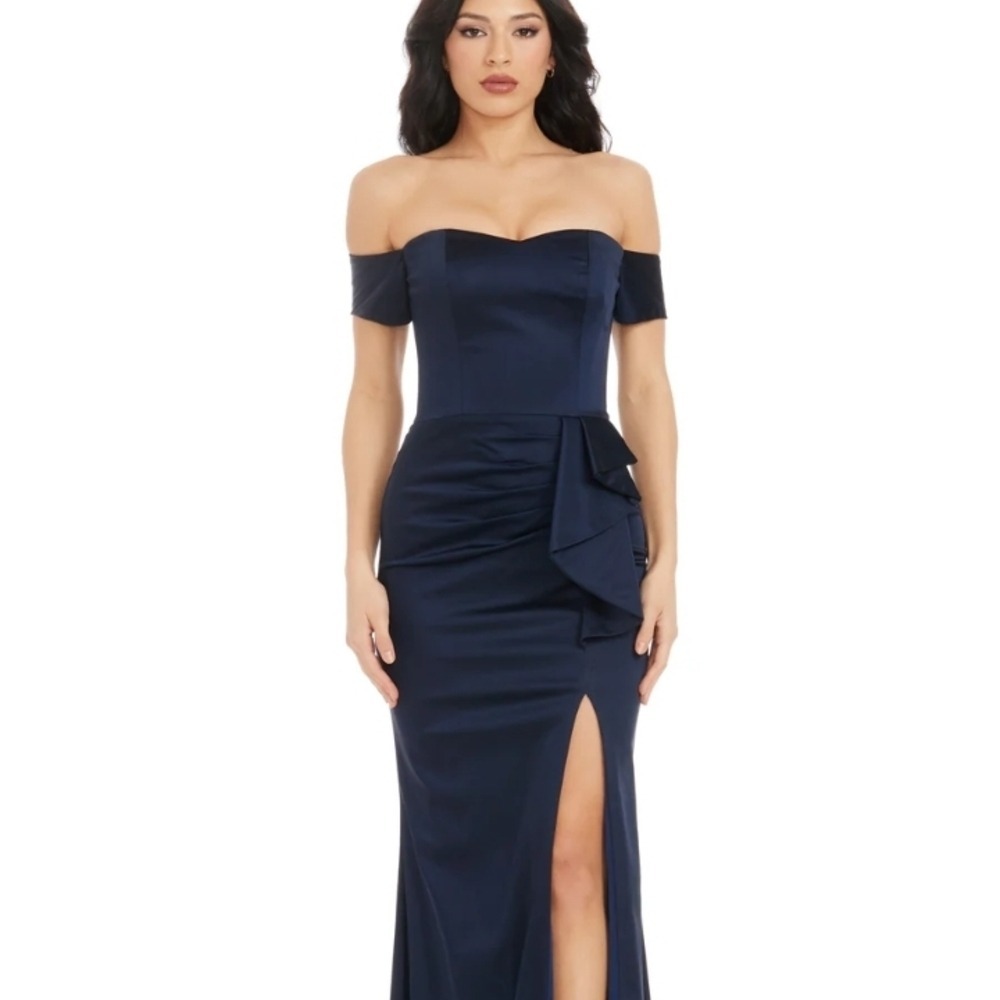 Dress The Population Gabrielle Gown Navy Blue Off The Shoulder Maxi Dress L
